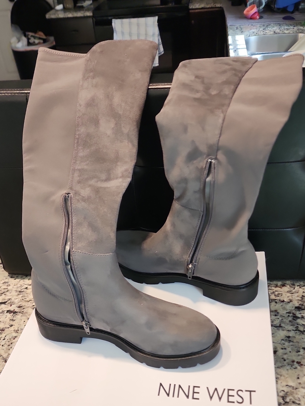 Nine West Gray Suede-Look Knee Boots with Side Zip W/box